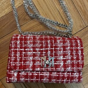 Badgley Mischka Red and White Tweed Clutch
